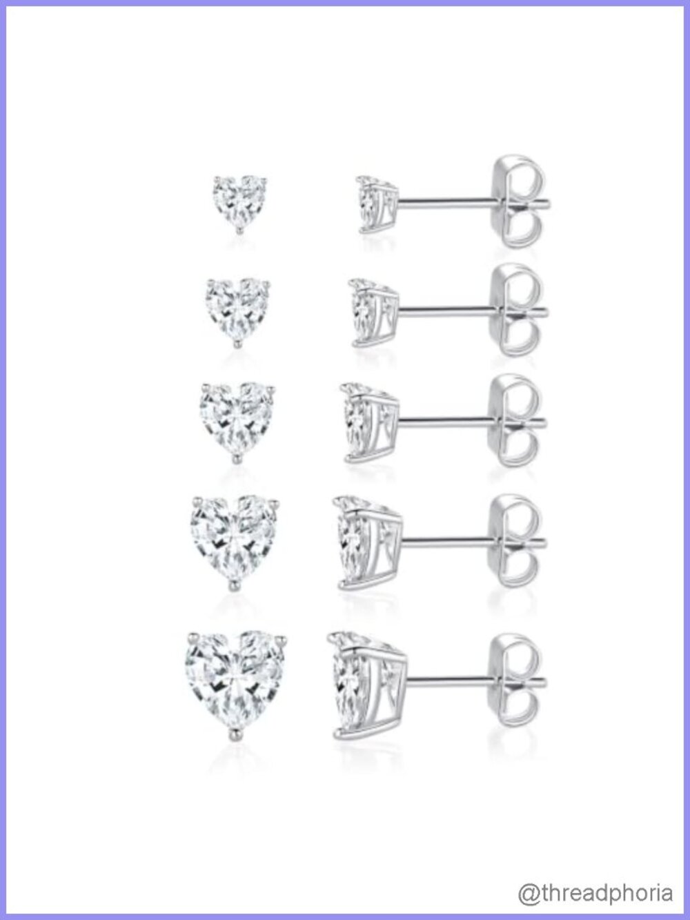 18K White Gold Plated Heart Stud Earrings 5 Pairs Cubic Zirconia